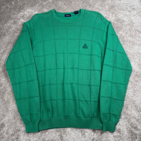 Green Izod Sweater Size M Cotton Checker Texture Knit Pullover Golf Preppy - Picture 1 of 4